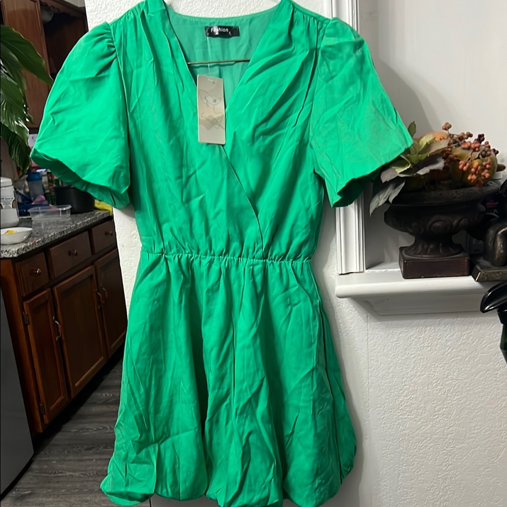 Green Puff Sleeve Mini Sundress